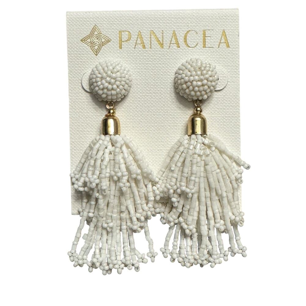 Panacea White Beaded Tassel Earrings NEW 3" Long White Iridescent Glass Beads
